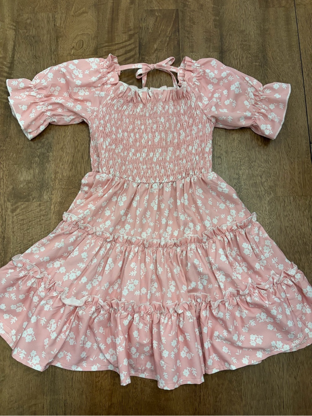 Girls' Pink Floral Smocked Tiered Dress with Puff Sleeves